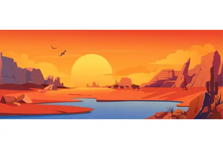 EE - Sunset in Desert Cartoon Background H46E5HN