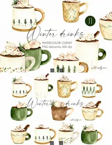 EE - Watercolor Hot Winter Drinks clipart Christmas cup E7DN8RP