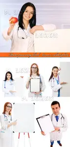 Doctor presenting blank - banner isolated photo