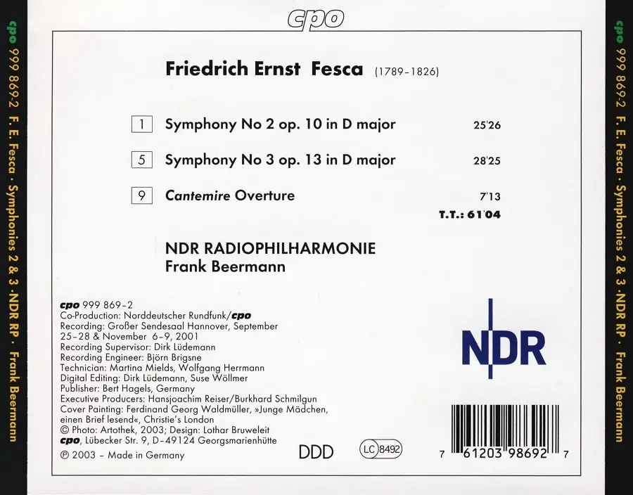 Frank Beermann, NDR Radiophilharmonie - Friedrich Ernst Fesca: Symphonies 2 & 3; Cantemire Overture (2003)