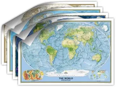 4 Maps Of The World From National Geographic (political, ocean, satellite, antique)