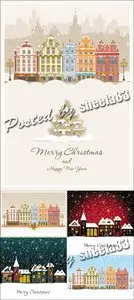 Christmas Cards with Houses Vector