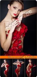 Woman in red rose petals photos