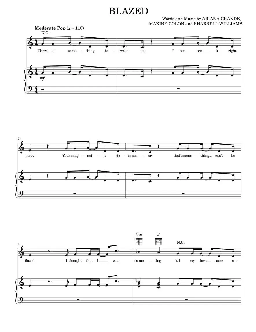 Blazed (feat. Pharrell Williams) - Ariana Grande, Ariana Grande feat. Pharrell Williams (Piano-Vocal-Guitar)