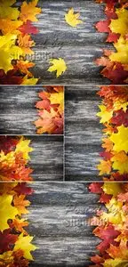 Stock Photo - Autumn Leaves on Wooden Background 2