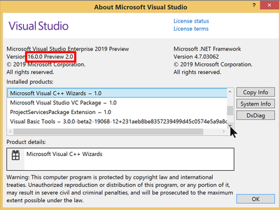 Microsoft Visual Studio 2019 Preview 2 (build 16.0.P2) Enterprise