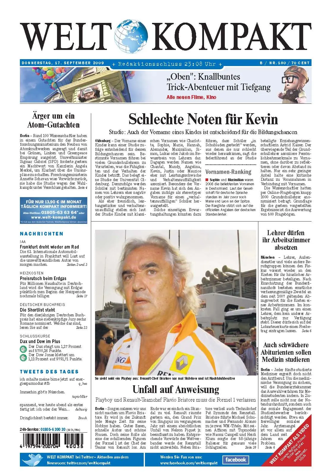 Die Welt kompakt vom 17. September 2009