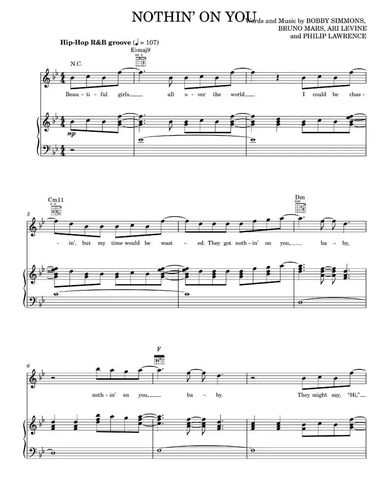 Nothin' On You - B.o.B., B.o.B. featuring Bruno Mars, Bruno Mars (Piano-Vocal-Guitar)