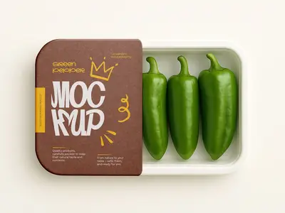 Food Tray Packaging Mockup - Realistic Fresh Green Pepper Container with Label Design 1666887767