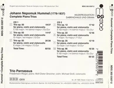 Johann Nepomuk Hummel - Trio Parnassus - Complete Piano Trios (1989, 90's reissue, MDG # 303 0307-2)