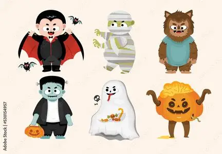 Cute Cartoon Halloween Character Illustrations Dracula Vampire Zombie Werewolf Frankenstein Monster