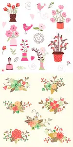 Hand Draw and Home Flowers Vector Set