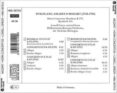 Lowell Greer, Philharmonia Baroque, Nicholas McGegan - Mozart: Horn Concertos; Rondeau K 371; Rondo K 514 (1988)