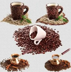 Graphics PSD - coffee beans and mugs decorated with grains on a transparent background