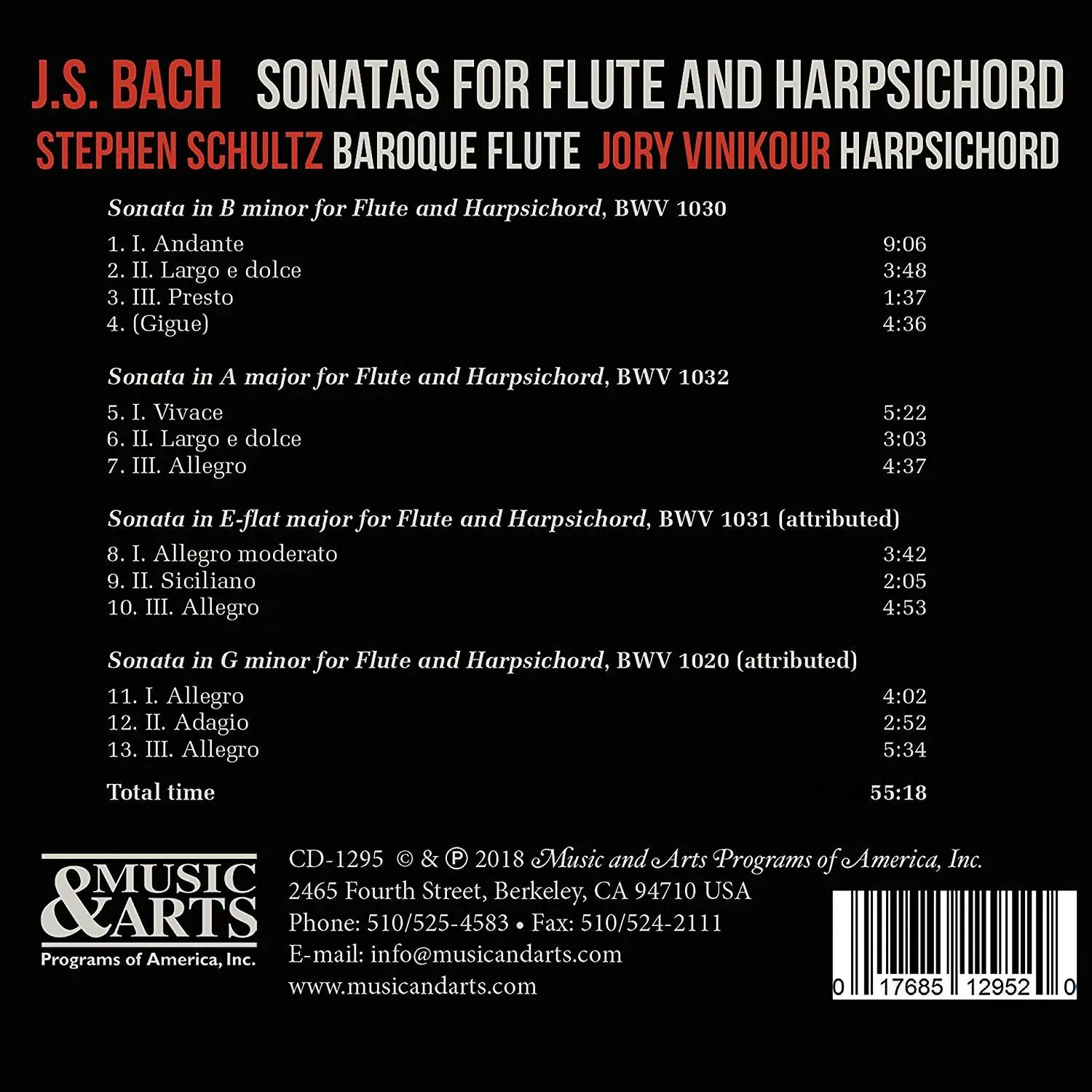 Stephen Schultz & Jory Vinikour - J.S. Bach: Sonatas for Flute & Harpsichord (2018)