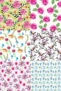 6 Watercolor Floral Patterns Vector Set 1