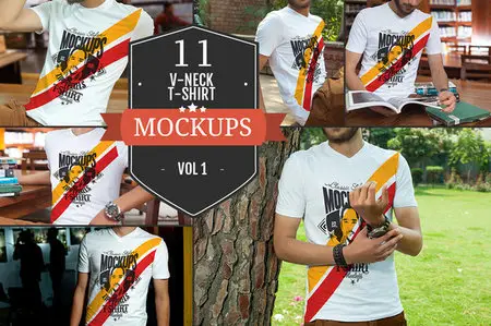 CreativeMarket - V-Neck T-Shirt PSD Mockups Vol.1