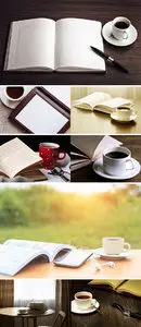 Stock Photos Open book and a cup of hot drink on a table