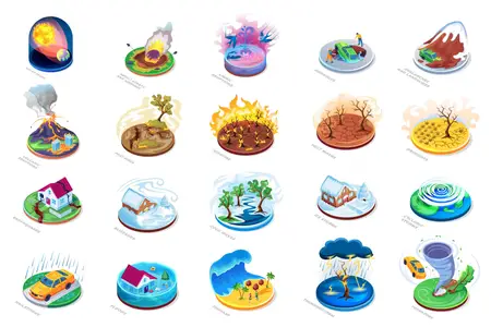 EE - Natural disasters, isometric icons set, insurance DQBWJZF