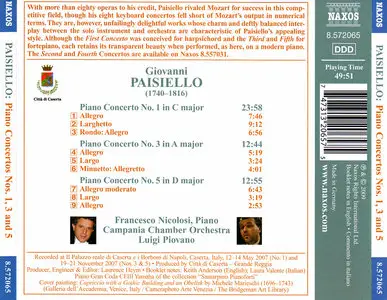Francesco Nicolosi, Campania Chamber Orchestra, Luigi Piovano - Giovanni Paisiello: Piano Concertos Nos. 1, 3 and 5 (2009)