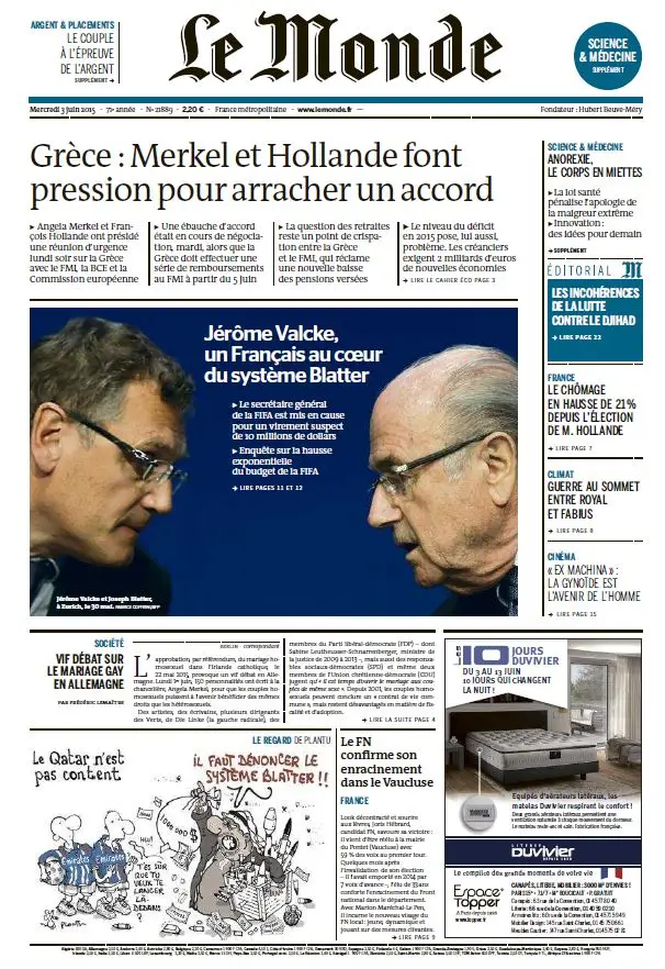 Le Monde du Mercredi 2 Juin 2015