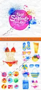 Watercolor beach travel suitcase and design elements vector