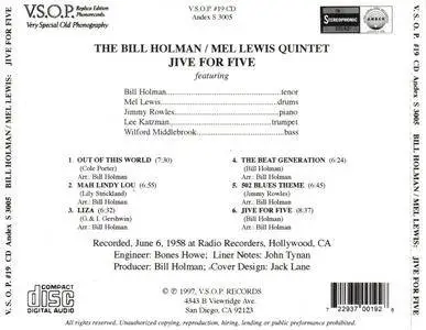 The Bill Holman / Mel Lewis Quintet - Jive For Five (1958) {VSOP Records #19 rel 1997}