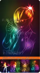 Girl model drawing neon light vector set 3