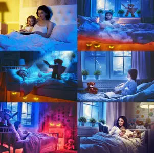 Mother reading a book, girl sleeping in the bed, nightmare for children