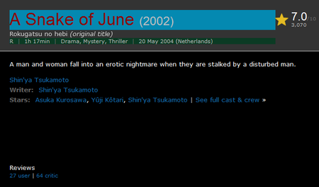 Rokugatsu no hebi / A Snake of June (2002)