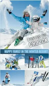Happy family in the winter resort - Stock Photo