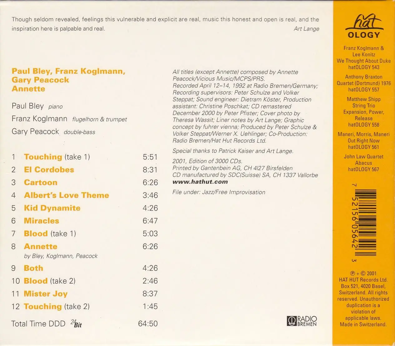 Paul Bley, Franz Koglmann, Gary Peacock - Annette (1992) {hatOLOGY 564 rel 2001}