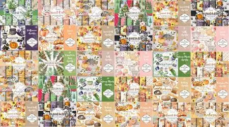 Digital Clipart and Paper pack Bundle - Bakery, Halloween, Christmas Trees, Home plant, Sweet Cats, Pumpkin Pie, Autumn leaves