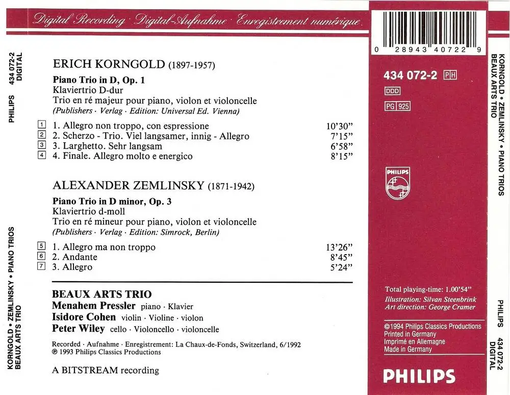 Beaux Arts Trio - Korngold, Zemlinsky: Piano Trios (1993)