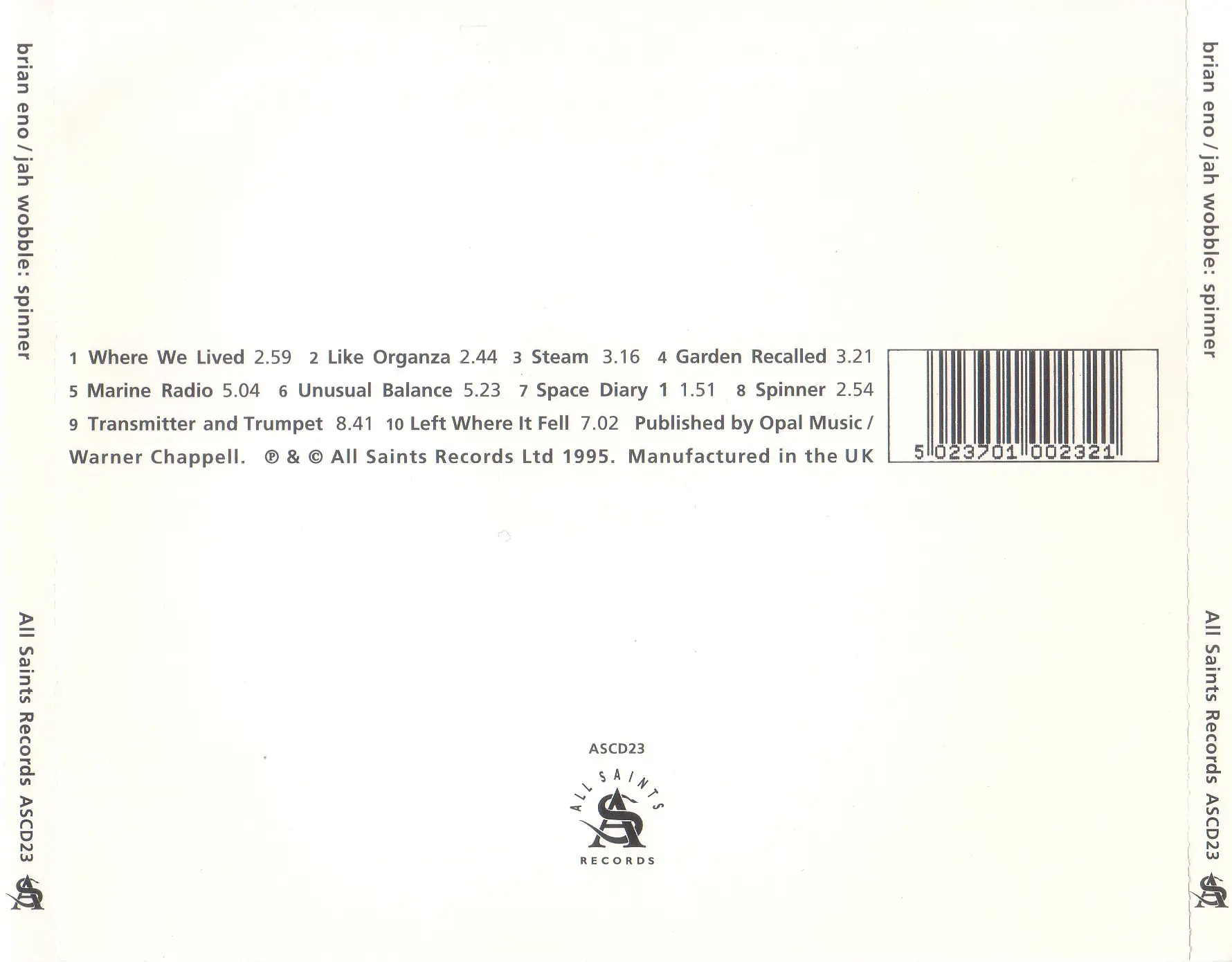 Brian Eno & Jah Wobble - Spinner (1995) {All Saints Records}