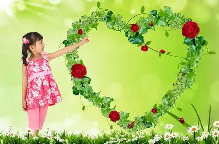 PSD template - Flower Heart and Girl