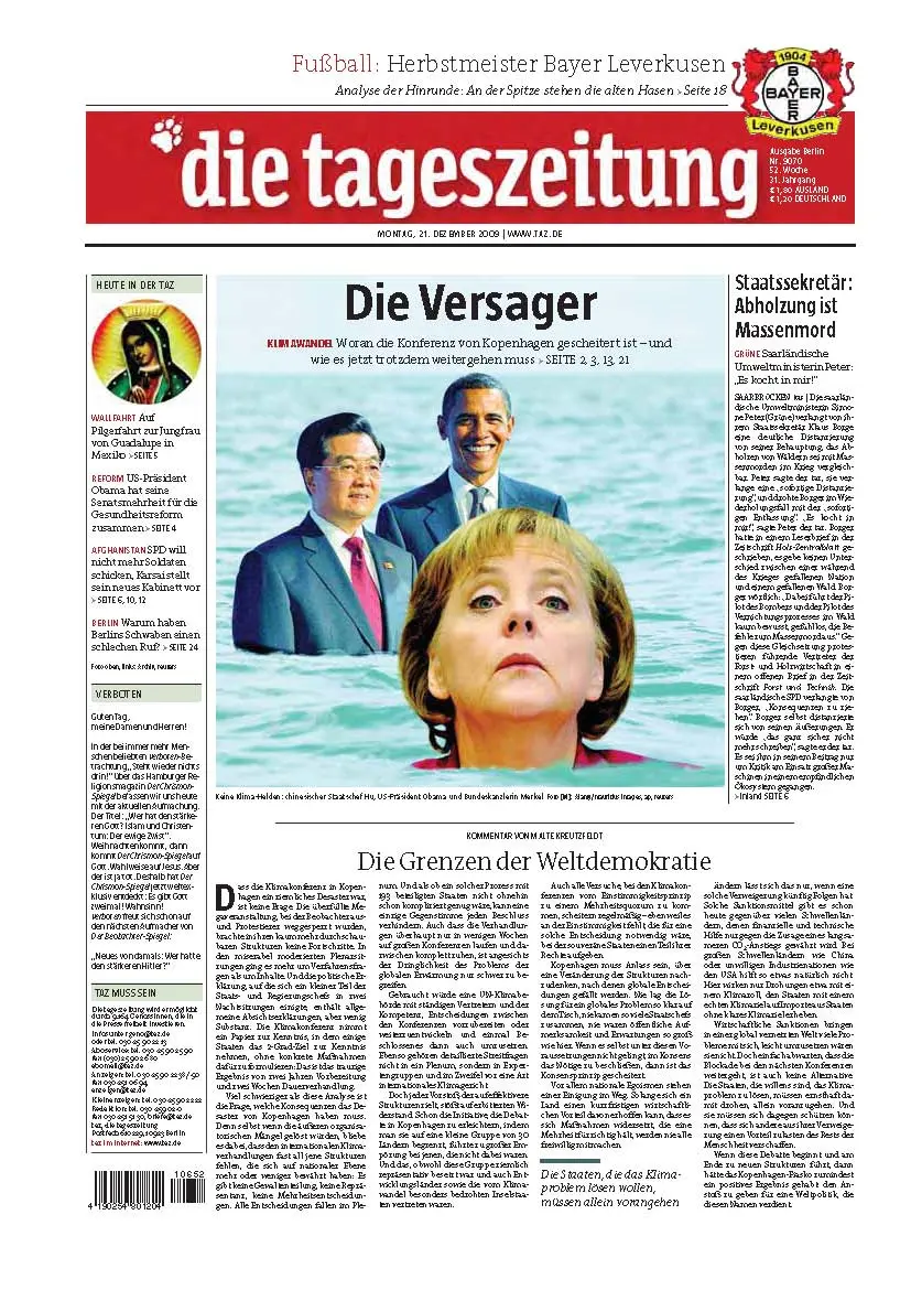 Tageszeitung TAZ vom 21. Dezember 2009