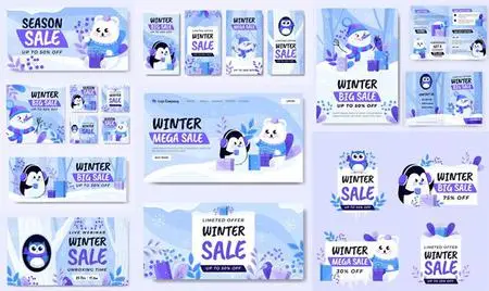 Winter Season Sale Hand drawn Flat Marketing Pack - 10 Vector Design Templates