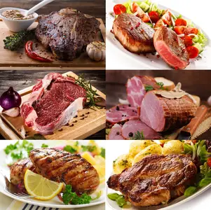 Meat dishes, lamb chops, smoked ham, lamb ribs with spices and herbs