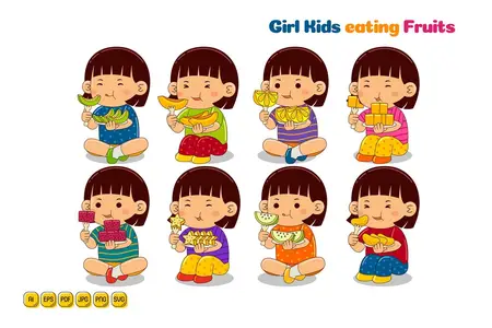 Girl Kids eating Fruits Cartoon Vector Pack #04