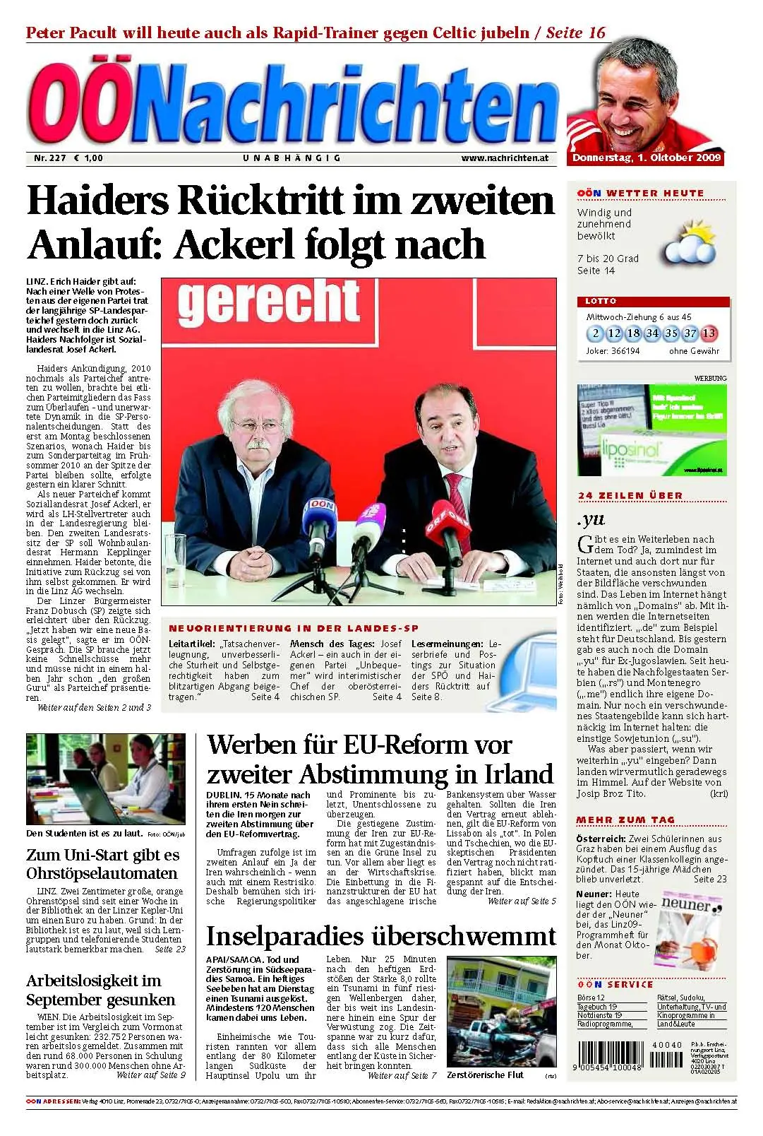 Oberoesterreichische Nachrichten vom 1. Oktober 2009