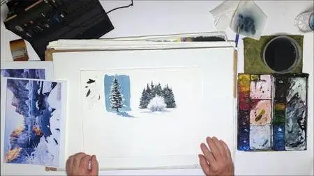 Watercolor Paint Realistic Snowy Trees & Bushes