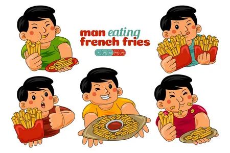 Man Eating French Fries Vector Pack #01