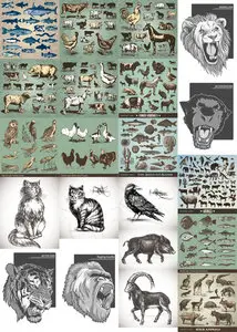 Vintage and Drawing Anmals Vector Set