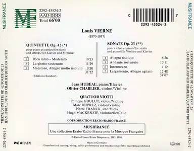 Jean Hubeau, Olivier Charlier, Quatuor Viotti - Louis Vierne: Quintette Op 42; Sonate Op 23 (1990)