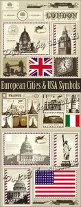 European Cities & USA Symbols Vector