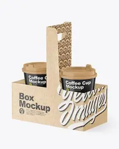 Glossy Coffee Cups in Kraft Paper Holder Mockup 79121