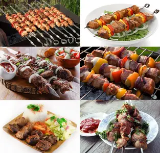 Shish Kebab on Skewers and Grilled Meat with Vegetables