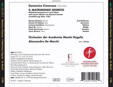 Alessandro de Marchi, Orchester der Academia Montis Regalis - Domenico Cimarosa: Il Matrimonio Segreto (2021)