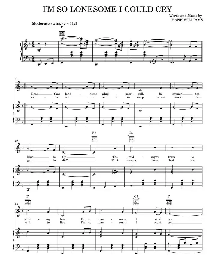 I'm So Lonesome I Could Cry - B.J. Thomas, Billie Jo Spears, Elvis Presley, Glen Campbell, Hank Will (Piano-Vocal-Guitar